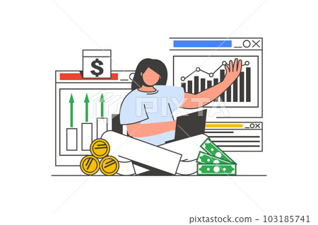 Financial budget outline web concept with character scene. Woman calculates and plans personal finance. People situation in flat line design. Illustration for social media marketing material. Financial budget outline web concept with character scene. Woman calculates and plans personal finance. People situation in flat line design. Illustration for social media marketing material. 103185741