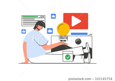Marketing outline web concept with character scene. Man creating viral content and making advertising. People situation in flat line design. Illustration for social media marketing material. Marketing outline web concept with character scene. Man creating viral content and making advertising. People situation in flat line design. Illustration for social media marketing material. 103185758