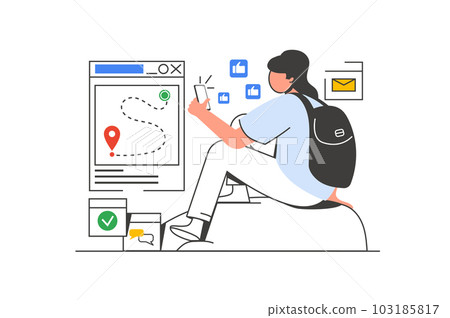 Traveling outline web concept with character scene. Woman with backpack tracking route in mobile app. People situation in flat line design. Illustration for social media marketing material. Traveling outline web concept with character scene. Woman with backpack tracking route in mobile app. People situation in flat line design. Illustration for social media marketing material. 103185817