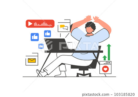 Video blogging outline web concept with character scene. Man makes post, gets feedback and subscribers. People situation in flat line design. Illustration for social media marketing material. Video blogging outline web concept with character scene. Man makes post, gets feedback and subscribers. People situation in flat line design. Illustration for social media marketing material. 103185820