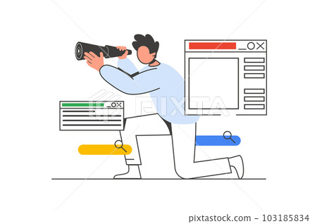 Searching opportunities outline web concept with character scene. Man looks into spyglass, choosing goal. People situation in flat line design. Illustration for social media marketing material. Searching opportunities outline web concept with character scene. Man looks into spyglass, choosing goal. People situation in flat line design. Illustration for social media marketing material. 103185834