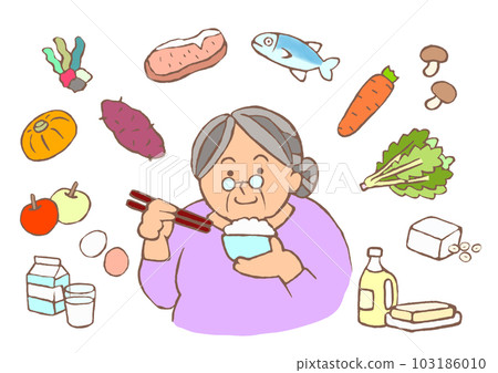 一名飲食均衡的老年婦女的癡呆症預防插圖 一名飲食均衡的老年婦女的癡呆症預防插圖 103186010
