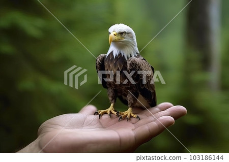 Bald eagle tiny smallest animal in the world standing on human hand illustration generative ai 103186144