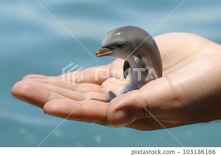 Dolphin tiny smallest animal in the world standing on human hand illustration generative ai Dolphin tiny smallest animal in the world standing on human hand illustration generative ai 103186166