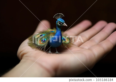 Peacock tiny smallest animal in the world standing on human hand illustration generative ai 103186184