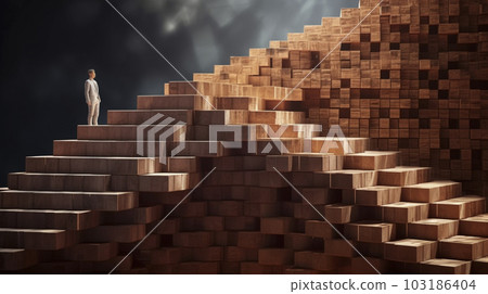 A business man climbing the stairs of building blocks "AI generated image" A business man climbing the stairs of building blocks "AI generated image" 103186404