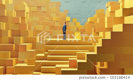 A business man climbing the stairs of building blocks "AI generated image" A business man climbing the stairs of building blocks "AI generated image" 103186414