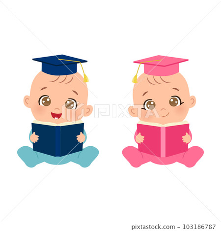 Cute baby boy and girl with graduation hat and book Cute baby boy and girl with graduation hat and book 103186787