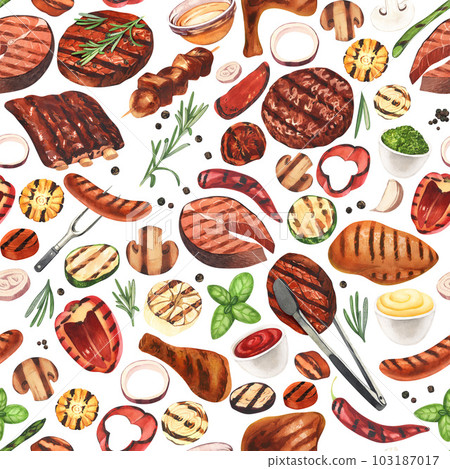 Watercolor seamless pattern barbecue. Elements for cooking bbq - grill, chicken and meat. Hand-drawn illustration isolated on white background. Perfect concept food menu, food drawing, design packing Watercolor seamless pattern barbecue. Elements for cooking bbq - grill, chicken and meat. Hand-drawn illustration isolated on white background. Perfect concept food menu, food drawing, design packing 103187017