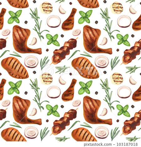 Watercolor seamless pattern barbecue. Elements for cooking bbq - grill, chicken and herbs. Hand-drawn illustration isolated on white background. Perfect concept food menu, food drawing, design packing Watercolor seamless pattern barbecue. Elements for cooking bbq - grill, chicken and herbs. Hand-drawn illustration isolated on white background. Perfect concept food menu, food drawing, design packing 103187018
