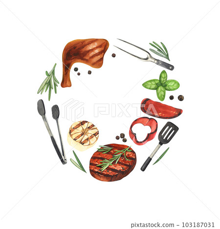 Watercolor round frame barbecue. Elements for cooking bbq - grill, chicken and meat. Hand-drawn illustration isolated on white background. Perfect concept food menu, design packing, for cooking 103187031