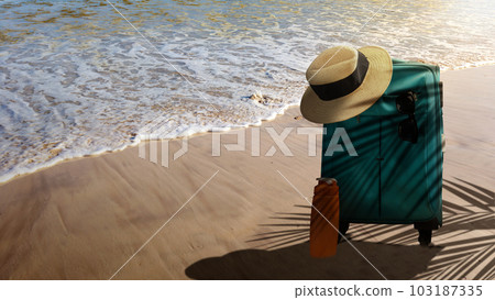 Hat and suitcase on the sandy beach 103187335