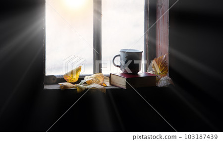 Coffee mug and book on windowsill Coffee mug and book on windowsill 103187439