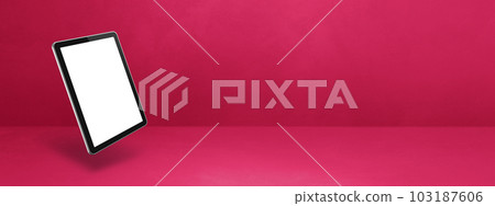 Floating tablet pc computer isolated on pink. Horizontal banner background 103187606