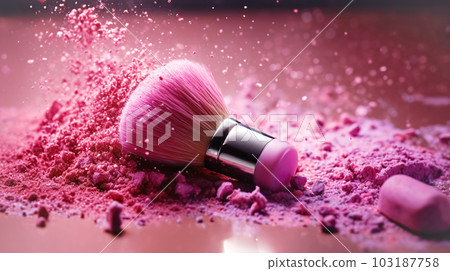 Makeup cosmetics, dry loose face shadows or blush, pink glitter background. Beauty concept, decorative professional products Makeup cosmetics, dry loose face shadows or blush, pink glitter background. Beauty concept, decorative professional products 103187758
