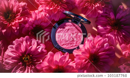 Professional makeup cosmetics, compact dry glitter shadows blush highlighter, flat lay with flowers, pink background Professional makeup cosmetics, compact dry glitter shadows blush highlighter, flat lay with flowers, pink background 103187768