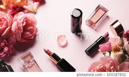 Professional makeup cosmetics pastel color palette, flat lay with flowers. Beauty concept, decorative professional products 103187832