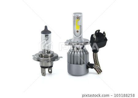 H4 halogen lamp and LED headlight bulb on white H4 halogen lamp and LED headlight bulb on white 103188258