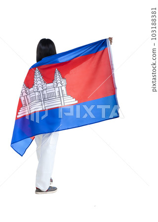 Asian women celebrate Cambodia independence day on 09 November by holding the Cambodia flag Asian women celebrate Cambodia independence day on 09 November by holding the Cambodia flag 103188381