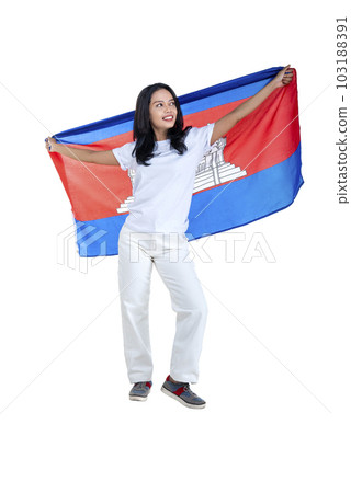 Asian women celebrate Cambodia independence day on 09 November by holding the Cambodia flag Asian women celebrate Cambodia independence day on 09 November by holding the Cambodia flag 103188391