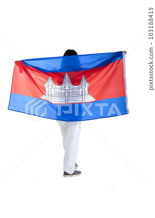 Asian women celebrate Cambodia independence day on 09 November by holding the Cambodia flag 103188415