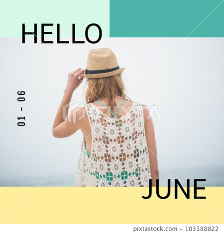 Composition of hello june text over caucasian woman by seaside 103188822