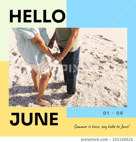 Composition of hello june text over biracial couple by seaside Composition of hello june text over biracial couple by seaside 103188828