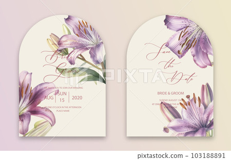 Wedding invitation card background with watercolor botanical flowers lily. Abstract floral art background vector design for wedding invitation and vip cover template. Wedding invitation card background with watercolor botanical flowers lily. Abstract floral art background vector design for wedding invitation and vip cover template. 103188891