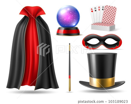 Realistic magician accessories. 3d illusionists isolated elements, wizard cloak, crystal ball and magic wand, cards deck and mask, theater or circus show, wizard performance utter vector set 103189023