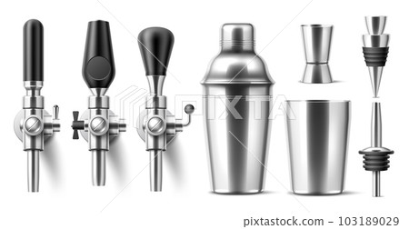 Realistic beer taps. Bartender and beerkeeper metal devices, cocktail steel shaker, pour spout, jigger, bottle stopper, tools for cooking alcoholic drinks, 3d isolated elements utter vector set Realistic beer taps. Bartender and beerkeeper metal devices, cocktail steel shaker, pour spout, jigger, bottle stopper, tools for cooking alcoholic drinks, 3d isolated elements utter vector set 103189029