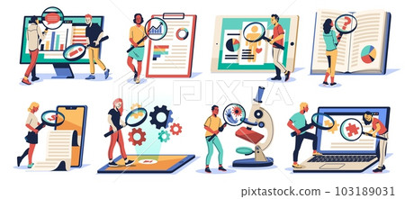 People with magnifying glass. Cartoon characters viewed through loupes documents, mechanisms and bacteria, thorough research, men and women search information in internet, tidy vector set 103189031