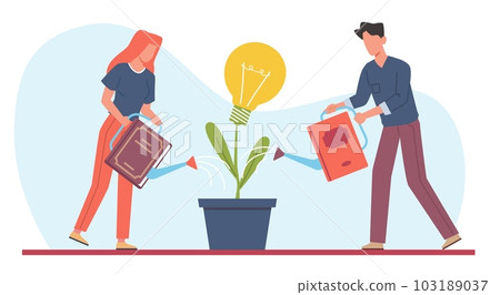 Growing creating idea, people water lightbulb with knowledge from books. Education for new project. Man and woman watering creative plant. Cartoon flat style isolated vector concept 103189037
