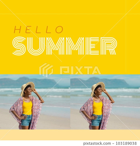 Composition of hello summer text over african american woman on beach 103189038