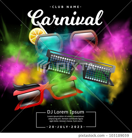 Glasses party. Bright colorful invitation with realistic carnival sunglasses in funny frames, dry paint explosions, festival poster with copy space, 3d isolated elements, utter vector concept Glasses party. Bright colorful invitation with realistic carnival sunglasses in funny frames, dry paint explosions, festival poster with copy space, 3d isolated elements, utter vector concept 103189039