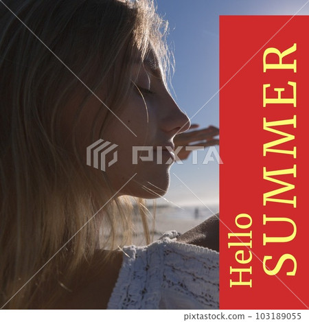 Composition of hello summer text over caucasian woman by seaside 103189055
