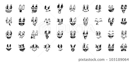 Cartoon retro faces. Black and white vintage comic muzzles, old classic animated characters collection, happy and surprised emoji, funny emotional expressions, mascot face, tidy vector set 103189064