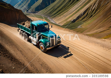 Top view of on the truck and bulldozer working in the stone mine. Top view of on the truck and bulldozer working in the stone mine. 103189598