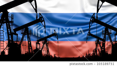 Oil pump on flag of Russia background. Sanctions, price fixing, ban on oil purchases in Russia. Oil and gas production. Oil Industry. Trade, finance and economy concept. copy space Oil pump on flag of Russia background. Sanctions, price fixing, ban on oil purchases in Russia. Oil and gas production. Oil Industry. Trade, finance and economy concept. copy space 103189731
