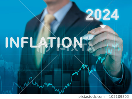 Inflation 2024. tax, cash flow and another financial concept. focused on decreasing value of money. blue background of graph of rising inflation rates 2023 2024 years 103189803