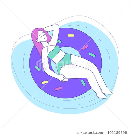 Woman Character at Beach Sunbathing Floating on Rubber Ring in Pool Vector Illustration Woman Character at Beach Sunbathing Floating on Rubber Ring in Pool Vector Illustration 103189896