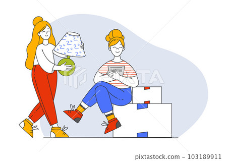 Woman Packing Things in Cardboard Box During Relocation Vector Illustration Woman Packing Things in Cardboard Box During Relocation Vector Illustration 103189911