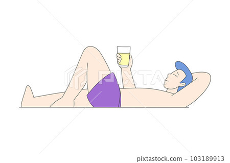 Man Character at Beach Sunbathing Lying with Refreshing Drink Vector Illustration Man Character at Beach Sunbathing Lying with Refreshing Drink Vector Illustration 103189913