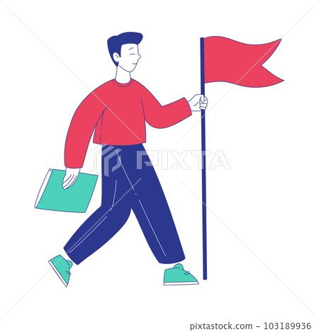 Man Character with Flag Moving Forward Achieving Goal Vector Illustration Man Character with Flag Moving Forward Achieving Goal Vector Illustration 103189936