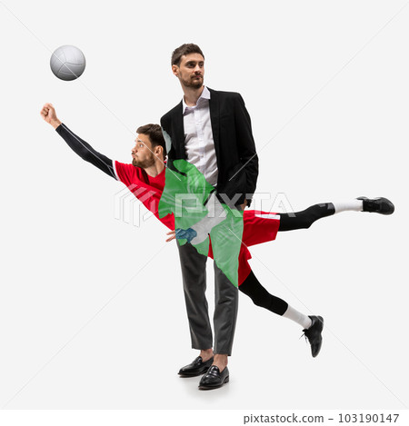 Young man, businessman in formalwear and volleyball player in motion isolated over white background. Collage. Young man, businessman in formalwear and volleyball player in motion isolated over white background. Collage. 103190147