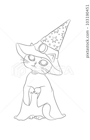 Vector hand drawn cat wizard isolated on white background. Cute cat in a hat. Art illustration for your design 103190451