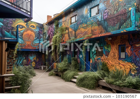 vibrant mural with alien creatures and futuristic cityscape, created with generative ai 103190567