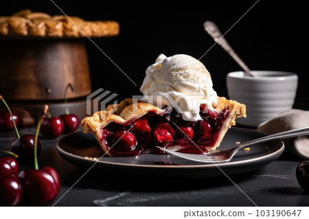 cherry pie being served with scoop of freshly whipped cream, created with generative ai 103190647