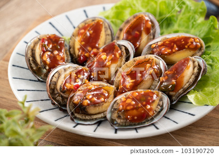五味鮑魚 鮑魚 海鮮 食物 五味醬 abalone meal アワビ あわび 鮑 103190720