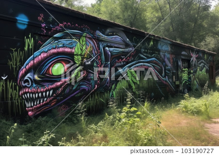 alien graffiti artist combines human and alien elements into one surreal piece of art, created with generative ai 103190727