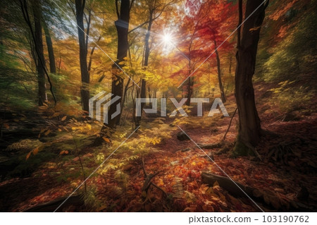 a forest with colorful leaves and sunlight shining through, created with generative ai a forest with colorful leaves and sunlight shining through, created with generative ai 103190762